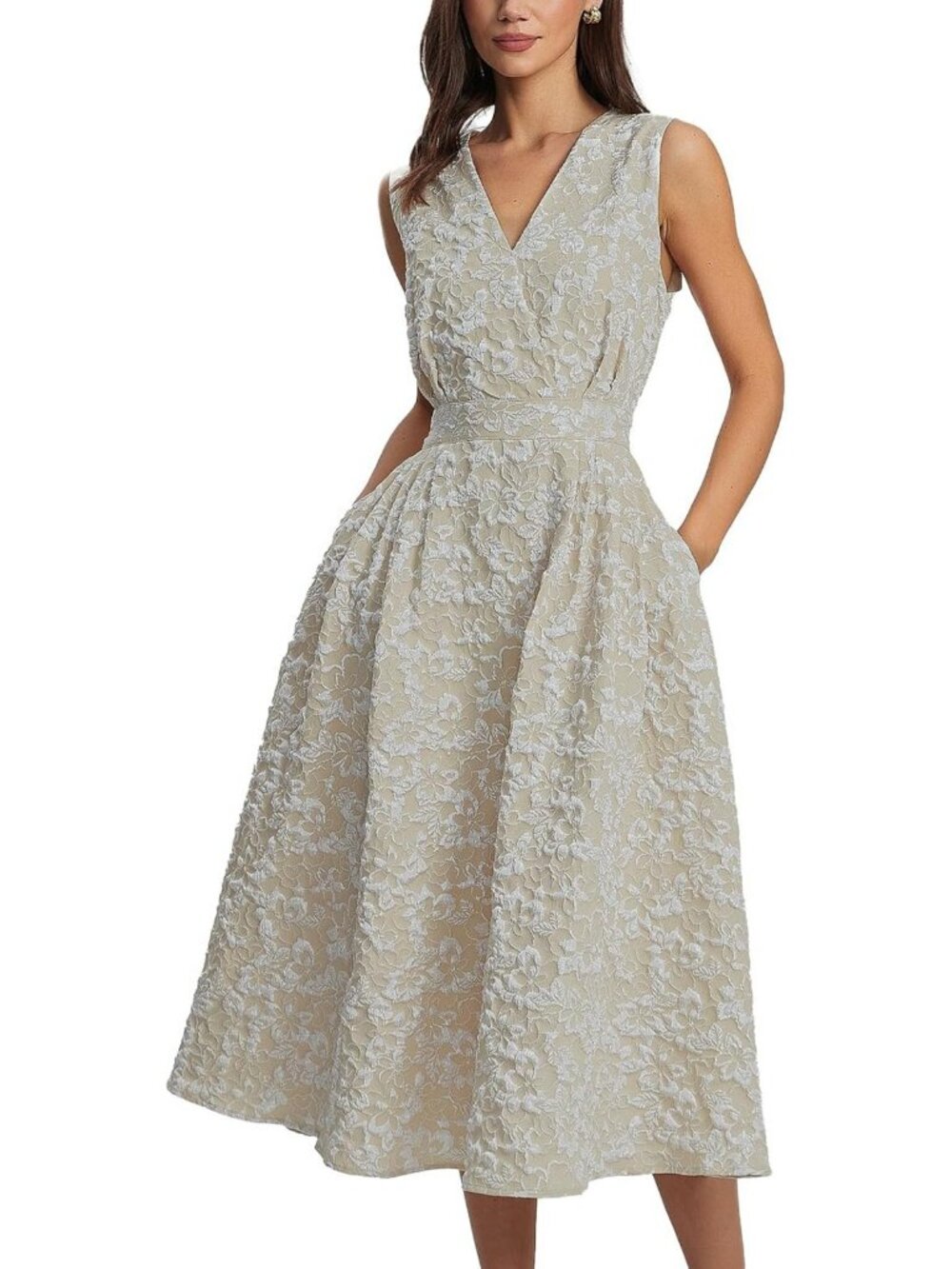 Elegant Floral Jacquard Midi Dress | Sleeveless V-Neck A-Line with Pockets